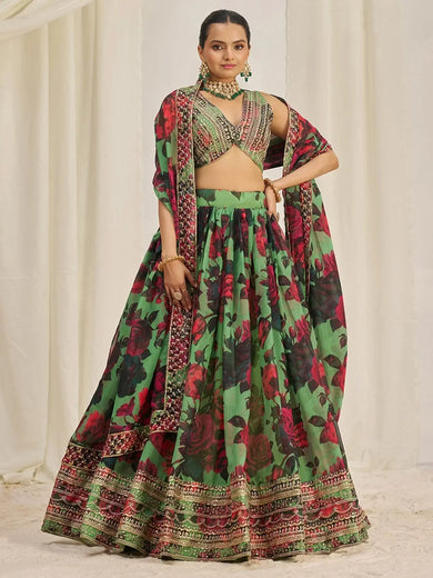 Shocking Green Sequins Organza Event Wear Lehenga Choli With Dupatta - Ethnic Plus In